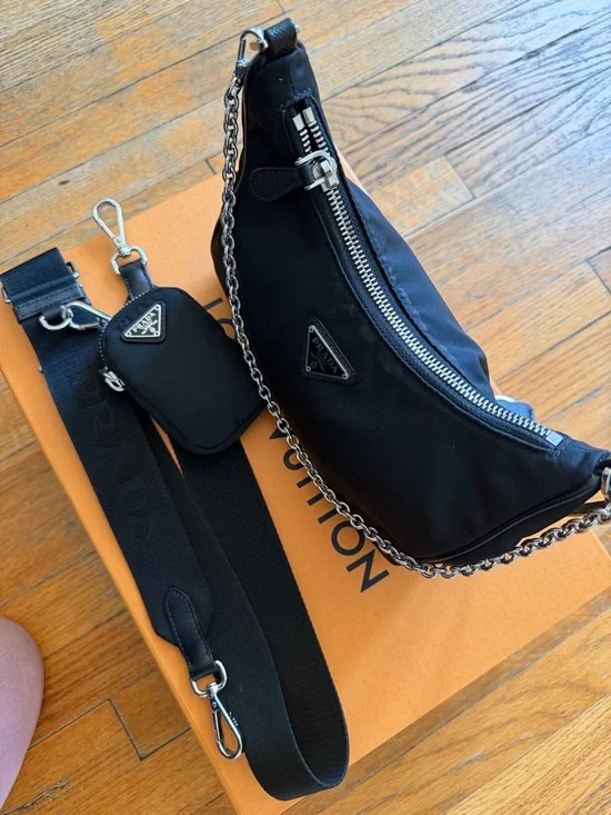 Prada Black Nylon Crescent Shoulder Bag with Chain and Strap - Picture 3 of 7